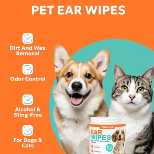 Forticept Dog Ear Wipes, Dog Ear Cleaner, Odor Control, Dirt and Wax Removal with Soothing Aloe Vera & Eucalyptus, Regular Wipes, 100 Count