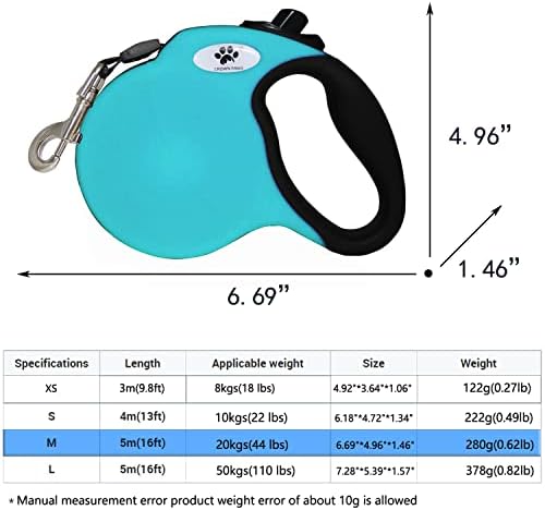 16 ft Retractable Dog Leash for Large Dogs up to 44 lbs,Tangle-Free Nylon Tape,Blue M