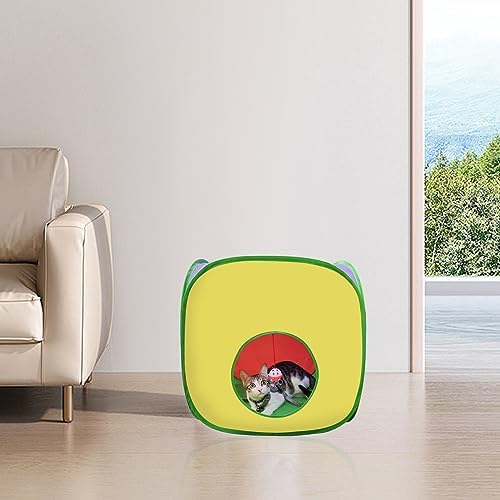 Andiker Cat Tunnel, Colorful and Foldable Polyester Square Cat Tent Matches with Most Kitten Tubes with a Bell Ball 3 Holes Cats Tubes for Indoor Cats to Play and Sleep (Square L)