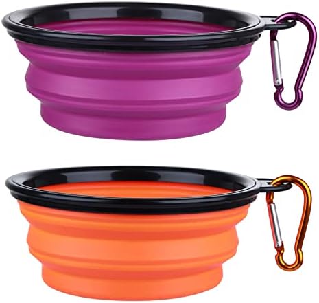 Dog Bowl Pet Collapsible Bowls, 2 Pack Collapsible Dog Water Bowls for Cats Dogs, Portable Pet Feeding Watering Dish for Walking Parking Traveling with 2 Carabiners (Small, Orange+Purple)