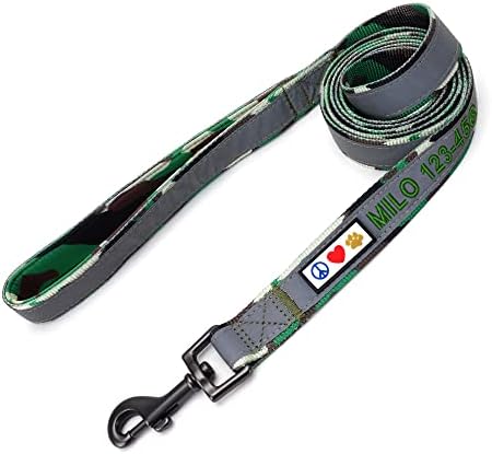 Pawtitas Personalized Camo Green Dog Leash 6 ft Custom ID Lead for Dogs & Puppies Reflective Comfortable Padded Handle Embroidered Name & Phone Number