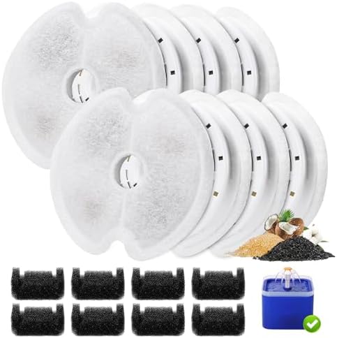8 Packs Cat Water Fountain Filters for Ultra Silent Cat Fountain 67oz/2L with LED Night Light, Triple Filtration System Activated Carbon Filter with Pre-Filter Sponges for Pet Water Fountain