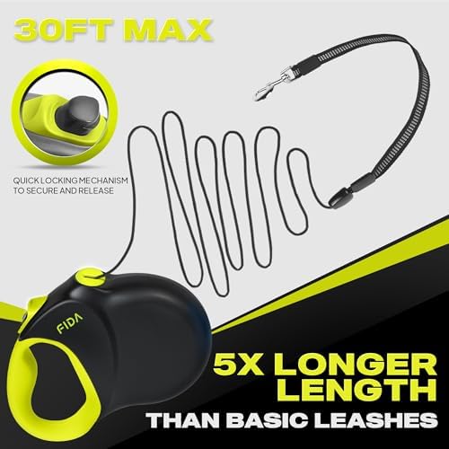 Fida Upgraded Retractable Dog Leash, 30ft, Heavy Duty, Neon Yellow