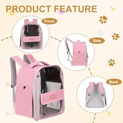 Pet Backpack Carrier, Portable and Ventilated, Oxford Cloth, Dogs Cats and Small Animals Travel Bag 13", (Pink, 1 Pcs), Intended for Hiking/Camping/Traveling