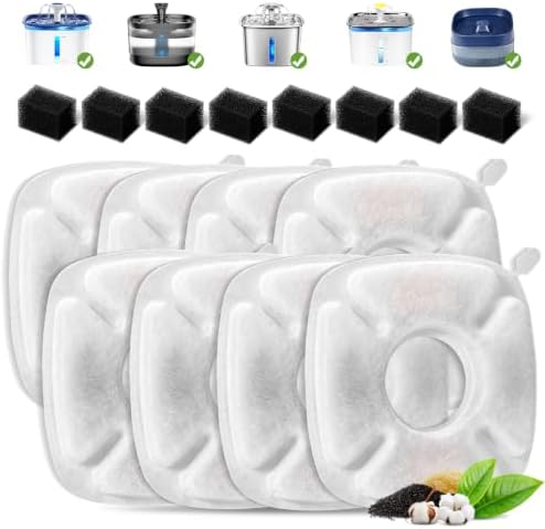 16 Pcs Cat Fountain Replacement Filters：8 Pack Cat Water Fountain Replacement Filters & 8 Pack Pre-Filter Sponges, Pet Fountain Filter Fit for 95oz/2.8L Automatic Pet Fountain Cat Water Fountain