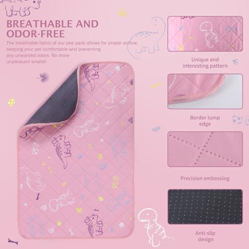 IEUUMLER Washable Pee Pads for Dogs, 2 Pack Non-Slip & Waterproof Whelping Pad, Reusable Puppy Potty Training With Fast Absorbent for Playpen EU007 (Pink Dinosaur, 24"X48"-2pcs)