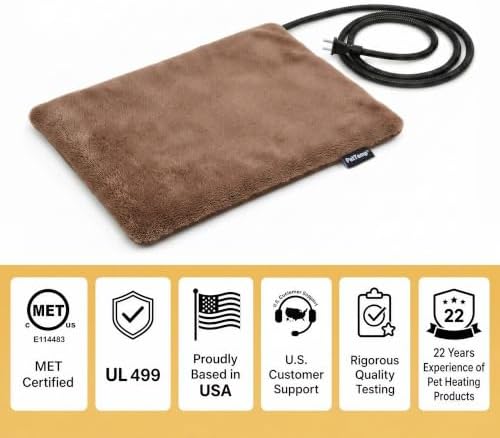 Pet Heating Pad for Cats Dogs Indoor & Sheltered Outdoor Waterproof Heated Cat Bed Heated Dog Bed Chew Resistant Cord Constant Temperature Electric Warming (Brown, M: 20" × 16" × 1.3")