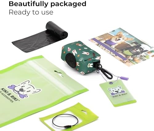 KIKI & RIKI Premium Dog Poop Bag Holder, Waste Bag Dispenser with Leash Clip, Artist-Designed Print (Designed in Georgia), Includes 1 Starter Roll of Bags, Fits Standard Rolls, Green (Berry Forest)