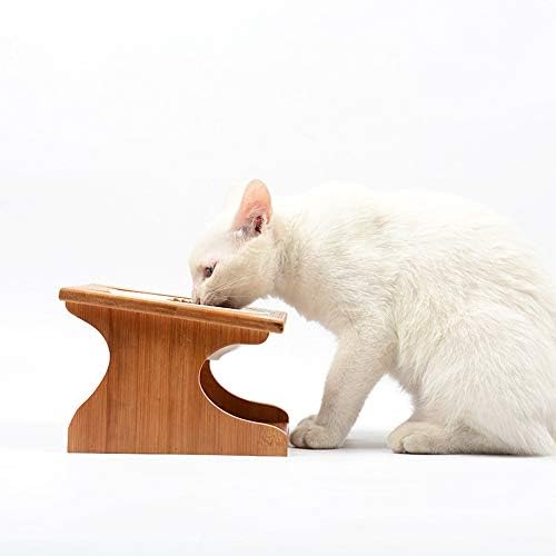 Cat Bowls Pet Dining Table with Raised Slope Wooden Stand Elevated Pet Bowls with Oblique Stand for More Comfortable Eating for Cats, Dogs, Kitten and Puppy (Single Bowl, Ceramics)