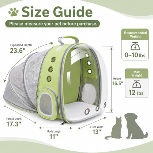 Expandable Cat Carrier Backpack with Bubble Window and Mesh, Light Green
