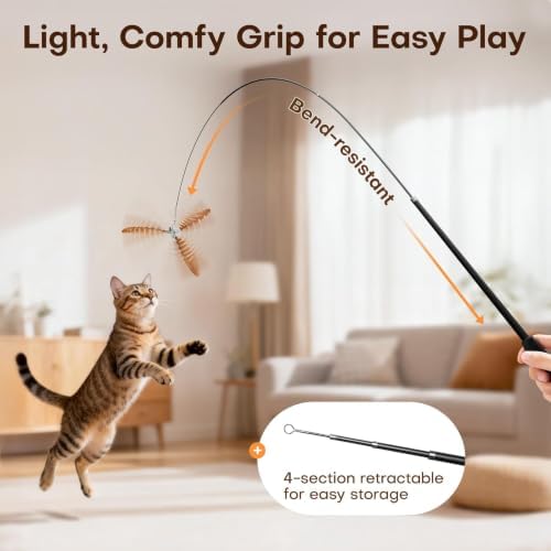 Potaroma Cat Wand Toy, Retractable Carbon Fiber Feather Teaser with Bells