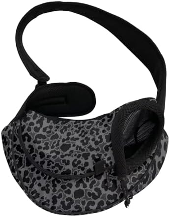 Black Leopard Print Dog Carrier Sling Mesh Dog Slings for Small Dogs Portable Cat Sling for Travel Walk Hiking Adjustable Strap Puppy Carrier Shoulder Bag