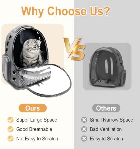 Cat Backpack Carrier, Breathable Cat Bubble Backpack Large Space Cat Carrier Backpack for Kitty Small Dog, Foldable Airline Approved Cats Backpack, Transparent Pet Travel Backpack Up to 20 lbs (Grey)