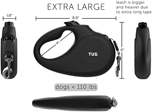 TUG Monochrome XL Retractable Dog Leash, 26 ft (Extra Large, Black)