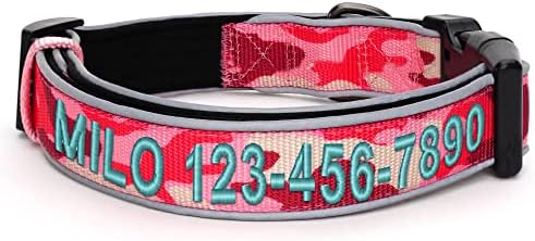 Pawtitas Personalized Reflective Padded Puppy Collar with Name Phone Number - Adjustable Customized Collar for Large Dogs | Pink Camo Custom Large Dog