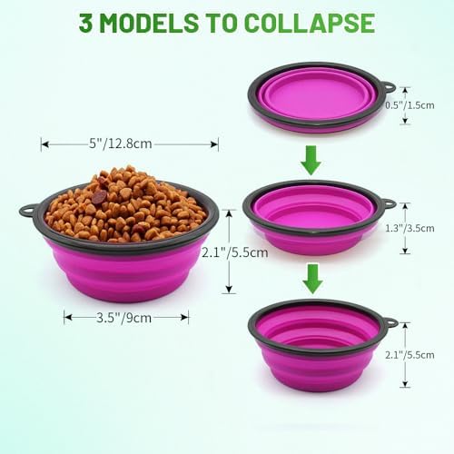 Dog Bowl Pet Collapsible Bowls, 2 Pack Collapsible Dog Water Bowls for Cats Dogs, Portable Pet Feeding Watering Dish for Walking Parking Traveling with 2 Carabiners (Small, Green+Purple)