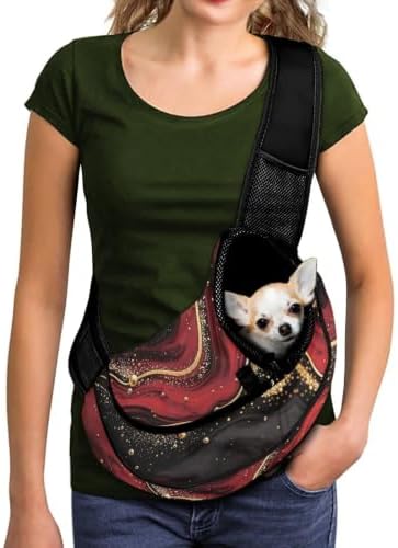 COEQINE Pet Carrier Bag Red Black Marble Printed Dog Sling Bag for Small