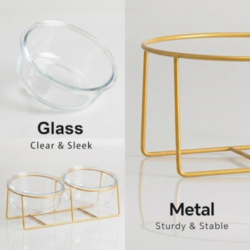Elevated Dog Bowl Set of 2 - Double Glass Bowls with Gold Iron Stand - Raised Dishes Comfortable Feeding - Ideal for Small to Medium Sized Dogs