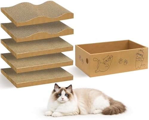 5 Packs Cat Scratcher Set with Storage Box, 2 Wave Lounge Pads + 3 Flat Corrugated Cardboard Scratch Pads for Indoor Cats, Replaceable Scratch Boards to Protect Furniture
