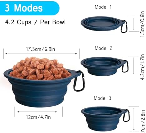 PetBonus 2-Pack Large Silicone Collapsible Dog Bowls, 34oz/1000ml BPA Free Portable Foldable Travel Bowl for Pet Cat, Food Water Feeding Dish for Camping with 2 Carabiners (Army Green, Navy Blue)