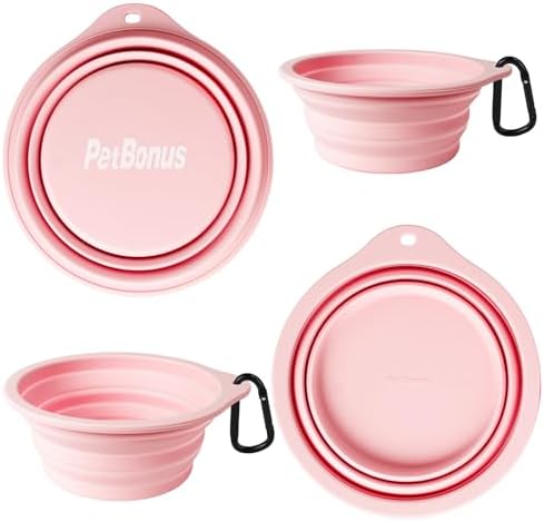 PetBonus 2-Pack Large Silicone Collapsible Dog Bowls, 34oz/1000ml BPA Free Portable Foldable Travel Bowl for Pet Cat, Food Water Feeding Dish for Camping with 2 Carabiners (Grey, Chalk Pink)