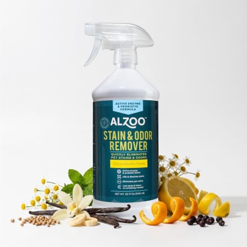 ALZOO Pet Stain & Odor Remover Spray for Dog & Cat Urine, Carpet, Furniture & Floors | Active Enzyme & Probiotic Formula | Citrus Vanilla Scent | Made in USA | 32 oz