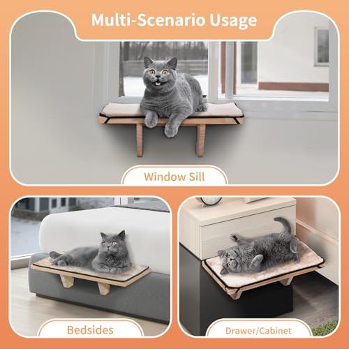 PETSFIT Cat Window Perch, Solid Wood, Fleece Mat, Windowsill Bedside Drawer