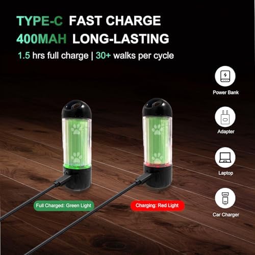 Tubasion 3-in-1 Dog Poop Bag Holder with Flashlight 7-Color, USB-C Rechargeable doggie bag holder for leash, IPX6 Waterproof Anti-Slip Clip Pet Waste Bag Dispenser for Walking (2 Dispensers, 60 Bags)