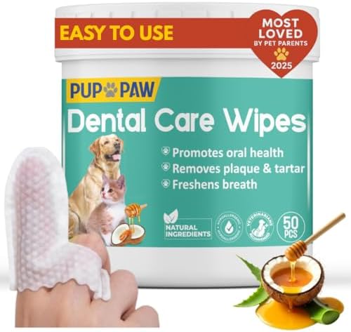 Vet Recommended Dog & Cat Dental Wipes - Freshens Breath - Easy Daily Oral Care - Dog Tooth Brushing Kit - Dental Finger Wipes for Pets - 50 Count