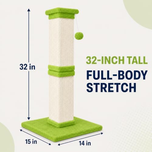 Vertical Cat Scratching Post for Indoor Cats, Sisal Scratch Tower with Soft Plush Base & Dangling Pom Ball, 32'' Tall Cat Scratcher Column for Kittens and Adult Cats, Furniture Protection, Green
