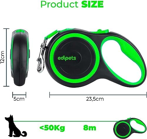 Retractable Extendable Dog Leash, 3, 5 and 8 Metres, Flexible Tape for Training and Walking, with Lock and Brake, Design and Comfortable Grip (5 Metres Over 20 kg, Green)