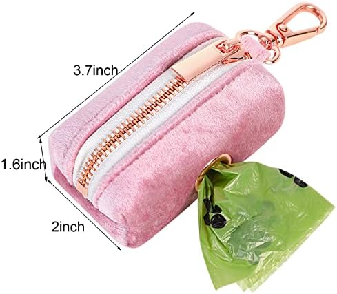 ARING PET Velvet Dog Waste Bag Dispenser, Pink Doggy Poop Bags Holders Attach to Any Leashes, Portable Washable Pet Waste Pouch Dispenser with Metal Zipper