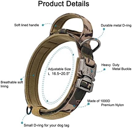 Tactical Dog Collar Adjustable Military Collar: - Nylon K9 Collars with Handle and Heavy Duty Metal Buckle for Medium and Large Dogs with 3 Patches and Airtag Case Holder (L, Camo-Set)