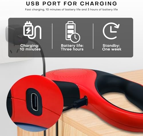 Retractable Dog Leash with LED Light Rechargeable,16Ft Heavy Duty Dog Leash for Medium Large Dogs up to 110lbs,360°No Tangle,One-Handed Brake,Pause,Lock(Red)
