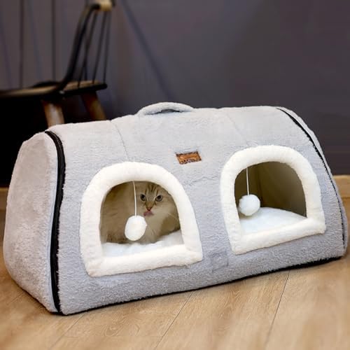 Cat Bed for Indoor Cats，Foldable cat cave，Anti-Slip & Water-Resistant Bottom，cat Houses for Indoor Cats or Small Dogs, Kitten Tent, Rabbit Double Hole Bed:(27.5"×15.3"×15"
