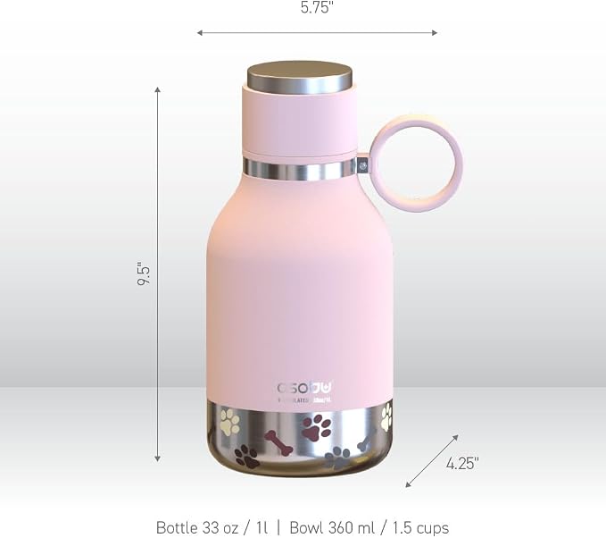 asobu Buddy Bottle, a Stainless Steel Insulated Water Bottle with Removable Dog Water Bowl and Dog Food and Treat Storage (Pink, 37 Oz)