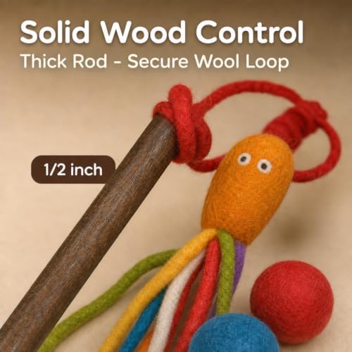 Wool Cat Toy - Felted Wool Rainbow Squid Fish Wand Toy Plus 2 Felt Ball Toys for Indoor Cats and Kittens (Cat Squid Toy)