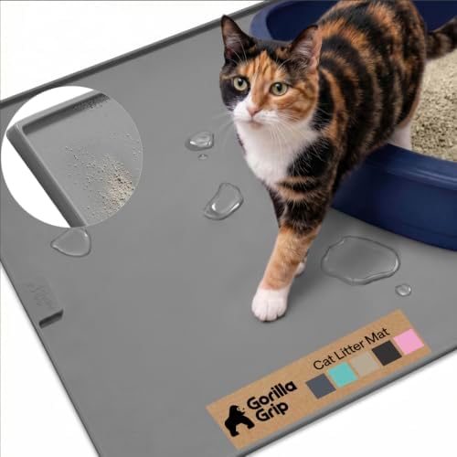GORILLA GRIP Cat Litter Box Mat, Easy Clean Silicone Mats, 24x15 Gray