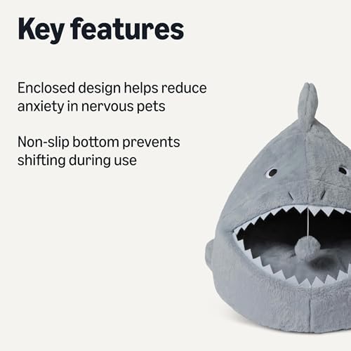 Amazon Basics Shark Shape Cat House for Indoor Cats, Enclosed Design Helps Reduce Anxiety in Nervous Pets, with Washable Cushioned Pillow, 17" x 16" x 14", Grey