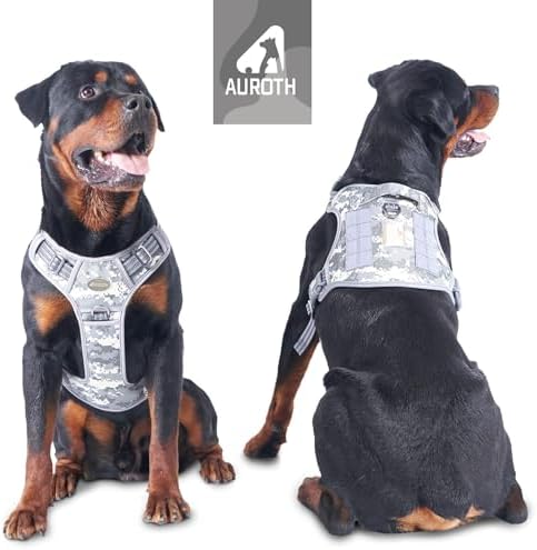 Auroth Tactical Dog Training Harness No Pulling Front Clip Leash Adhesion Reflective K9 Pet Working Vest Easy Control for Small Medium Large Dogs Grey Camo L