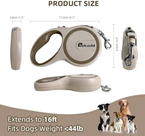 OUTnWILD Retractable Dog Leash - Tangle-Free 360° Design with Anti-Slip Handle | 16 ft Strong Nylon Tape | One Touch Quick-Lock Braking System | for Small/Medium Breeds/Pets Up to 44lbs. (Khaki, M)