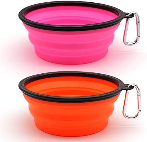 Dog Bowl Pet Collapsible Bowls, 2 Pack Collapsible Dog Water Bowls for Cats Dogs, Portable Pet Feeding Watering Dish for Walking Parking Traveling with 2 Carabiners (Large, Orange+Pink)