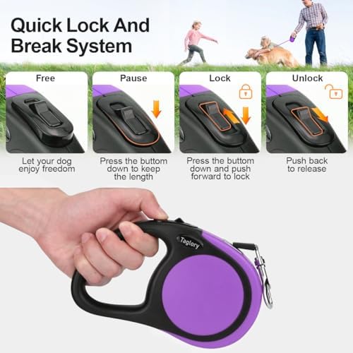Taglory Retractable Dog Leash, One-Handed Brake, 16ft, Up to 44 lbs, Purple