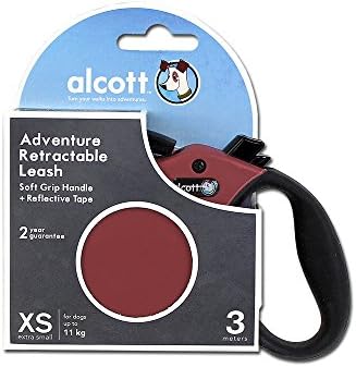 Alcott Adventure Retractable Reflective Belt Leash, 10' Long, Extra Small for Dogs Up to 25 lbs, Red with Black Soft Grip Handle