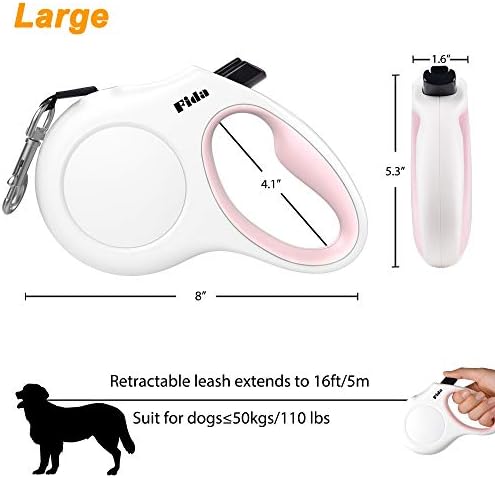 Fida Retractable Dog Leash with Dispenser and Poop Bags, 16ft, White & Pink