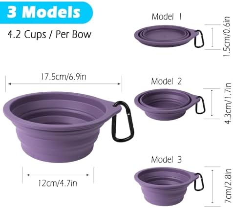 PetBonus 2-Pack Large Silicone Collapsible Dog Bowls, 34oz/1000ml BPA Free Portable Foldable Travel Bowl for Pet Cat, Food Water Feeding Dish for Camping with 2 Carabiners (Black, Dark Purple)