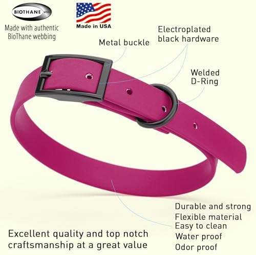 Dogline Biothane Waterproof Dog Collar Strong Coated Nylon Webbing with Black Hardware Odor- Proof for Easy Care Easy to Clean High Performance Fits Small Medium or Large Dogs, Magenta Pink