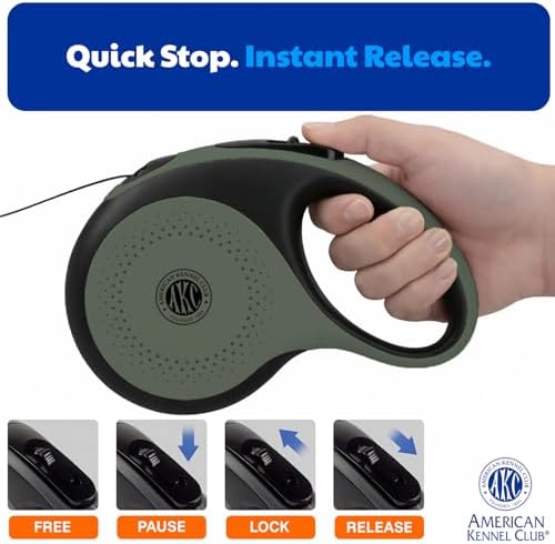 American Kennel Club Retractable Dog Leash, 16.4ft, Tangle-Free, Ergonomic Grip, One-Hand Brake, for Medium & Large Dogs up to 66 lbs, Green