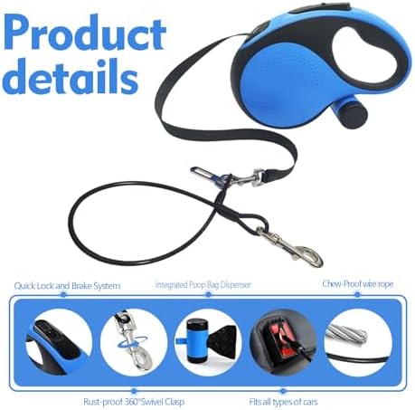26Ft Retractable Dog Leash with Chew Proof Cable,Heavy Duty Dog Leash with Removable Poop Bags for Medium Large Dogs up to 110lbs,Strong Nylon Tape No Tangle,One-Handed Brake (Blue)