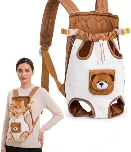 Cute Bear Design Front Pet Carrier Backpack, Adjustable Breathable Front Facing Pet Carrier for Small Dogs and Cats, Hands-Free Legs Out Puppy Chest Bag for Outdoor Hiking & Bike Riding，Large